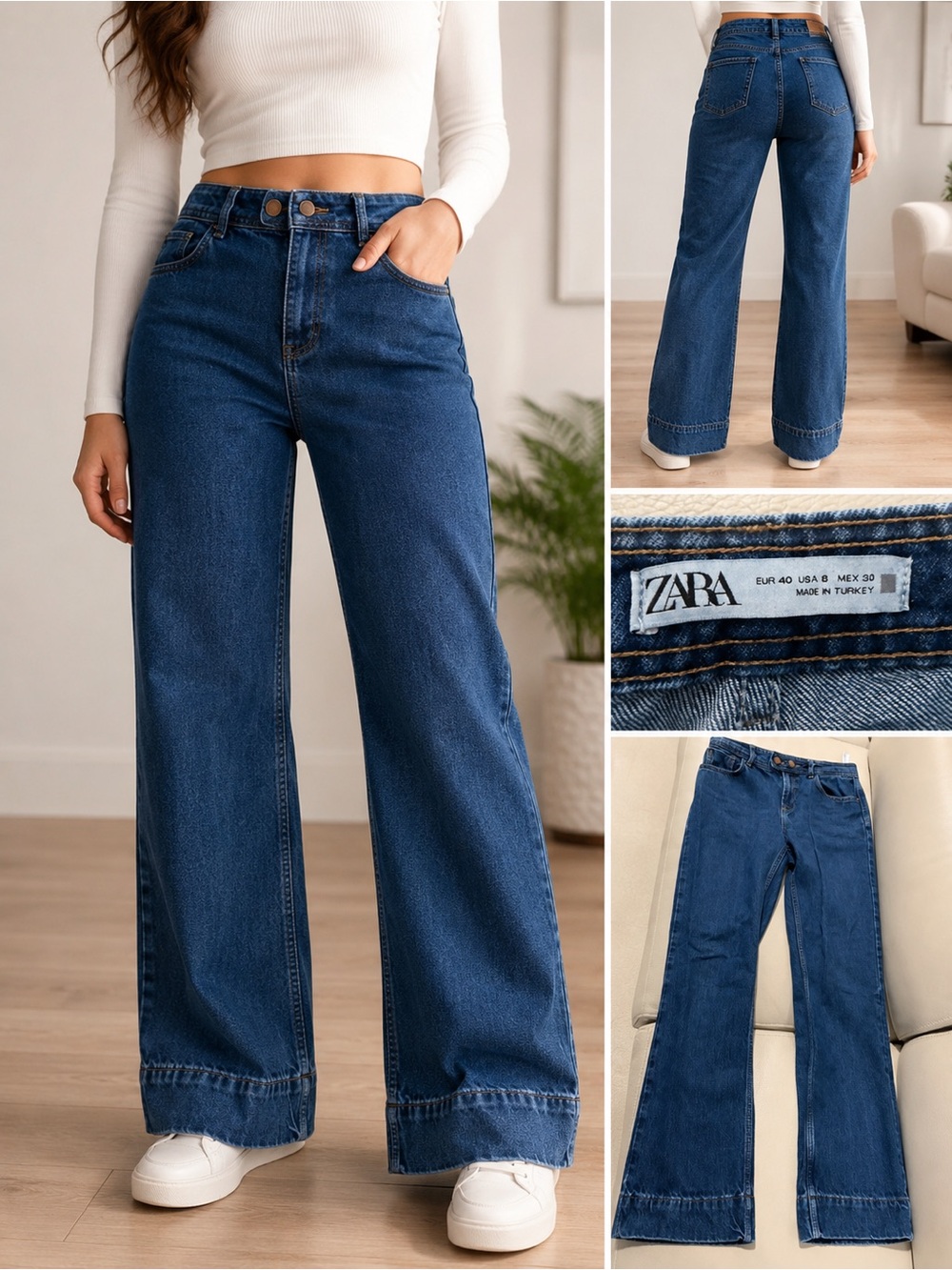 Zara Dark Blue High-Rise Wide Leg Jeans